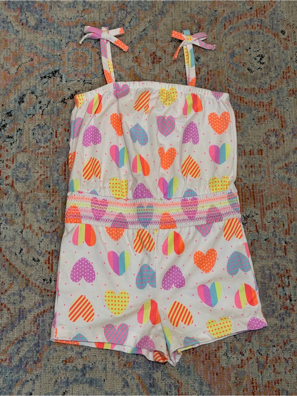 Y2K Girls White Heart-Print Romper with Multicolor Hearts